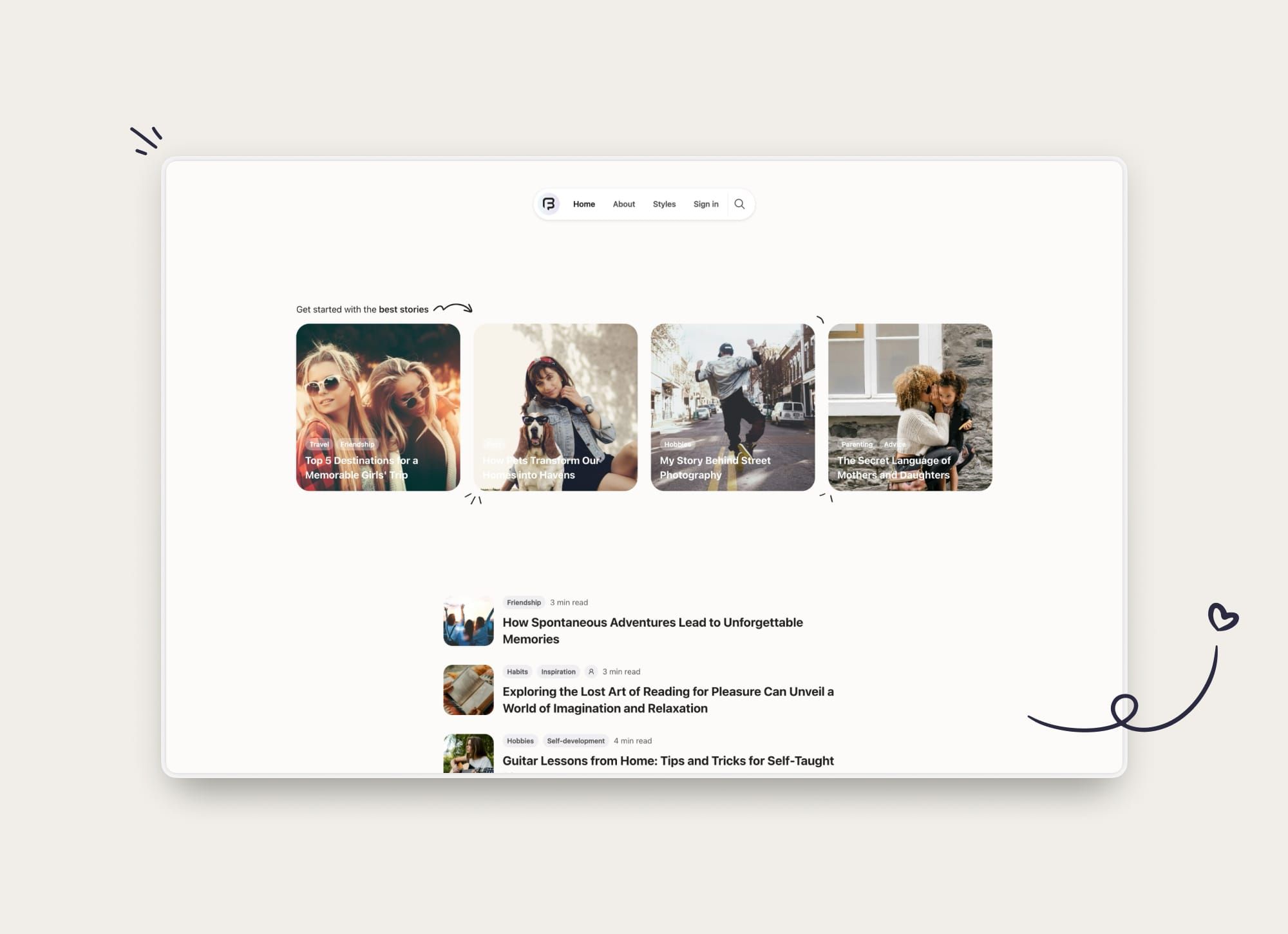 Homepage layout of FineBits Ghost theme