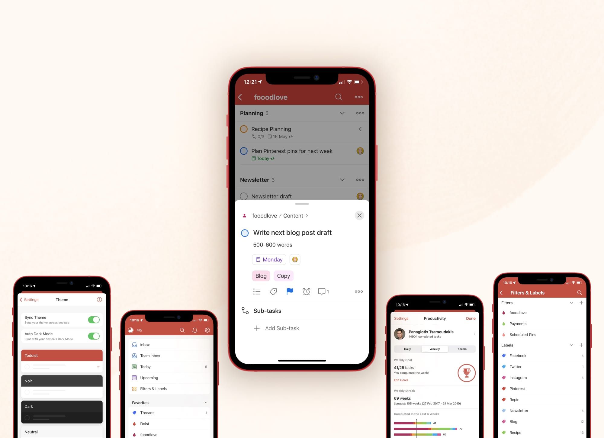 Todoist showcased on multiple iPhones