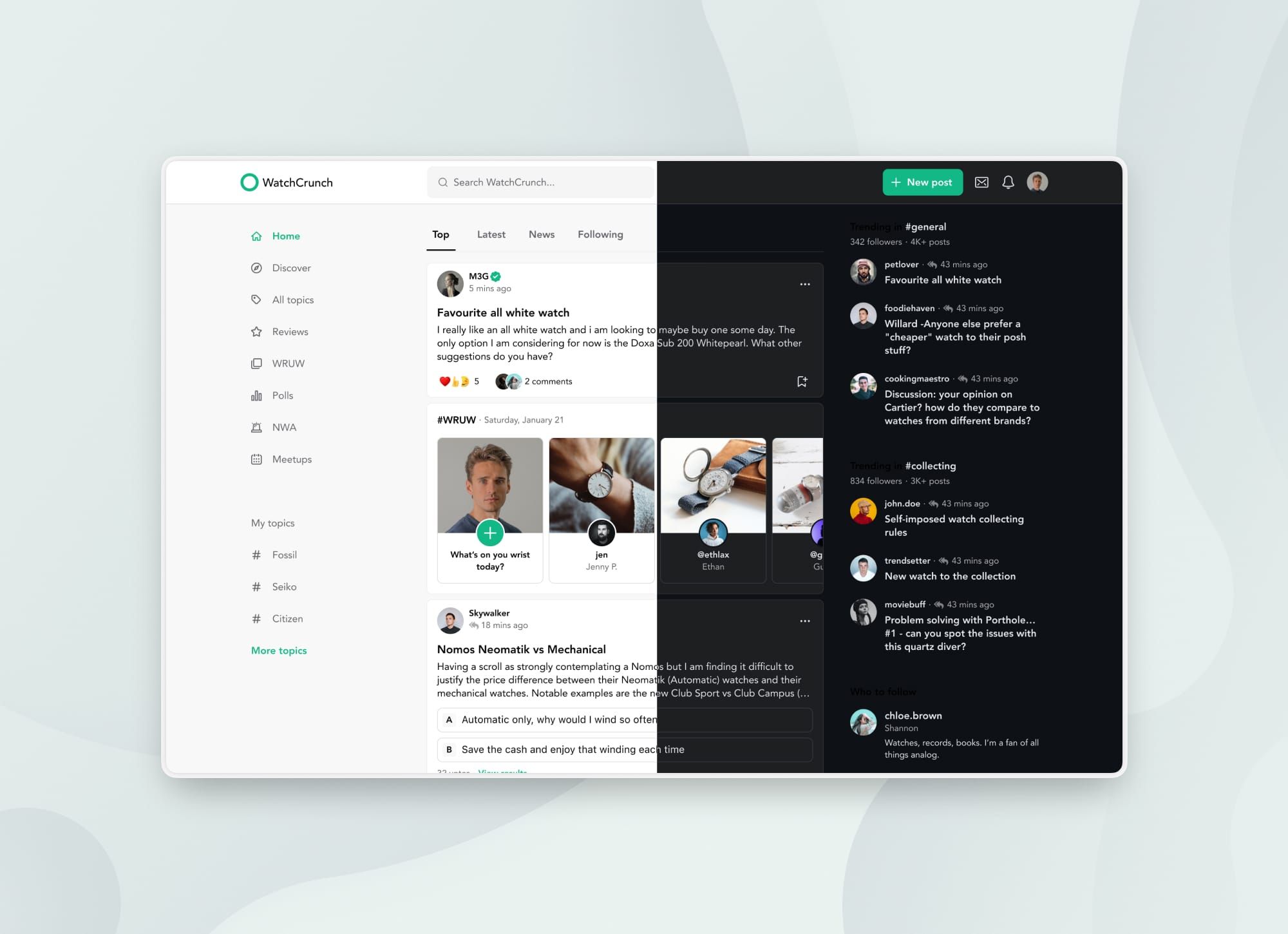 WatchCrunch on the Web showed in light and dark theme