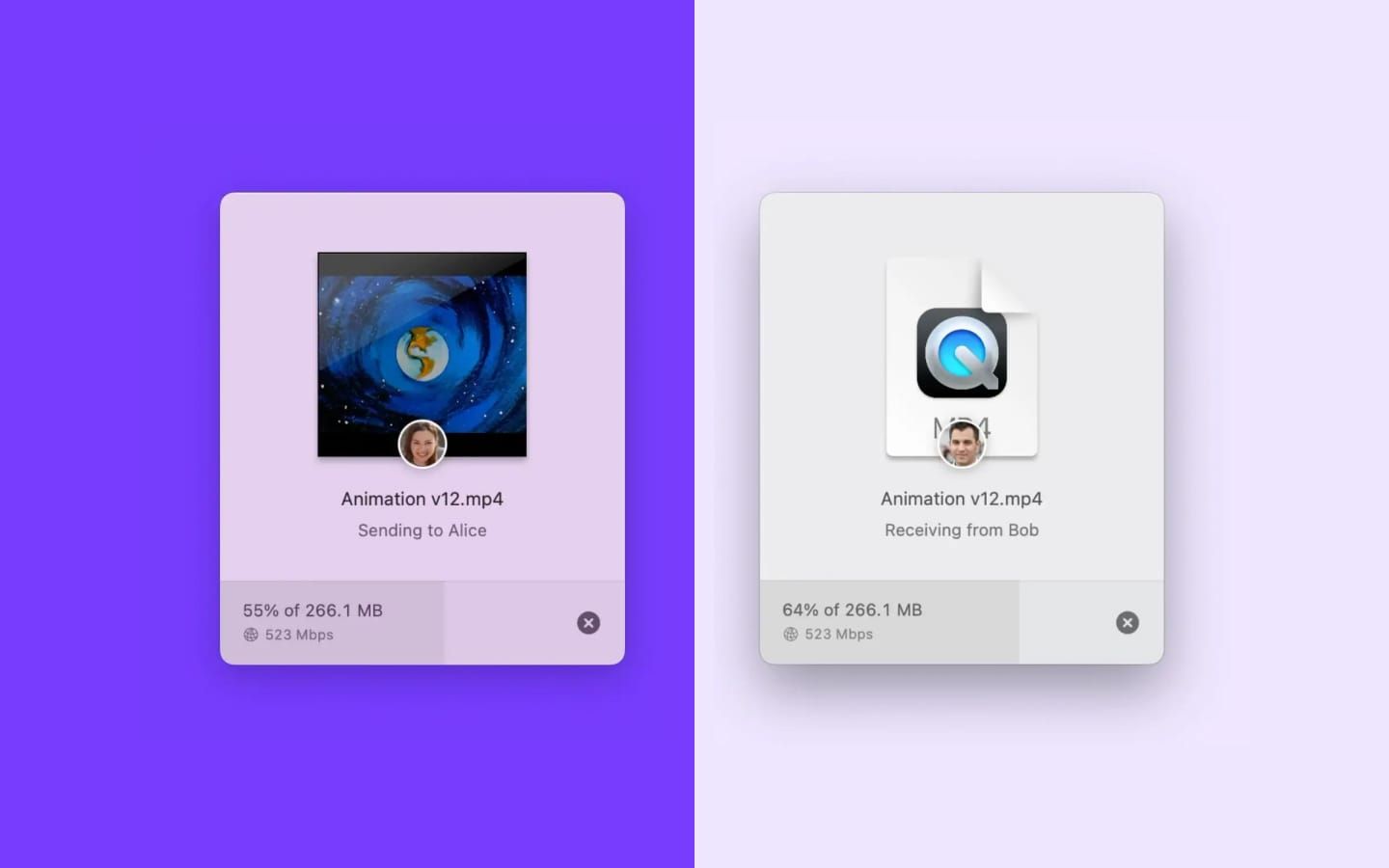 Side-by-side screenshots showing file transfer progress in the Blip app