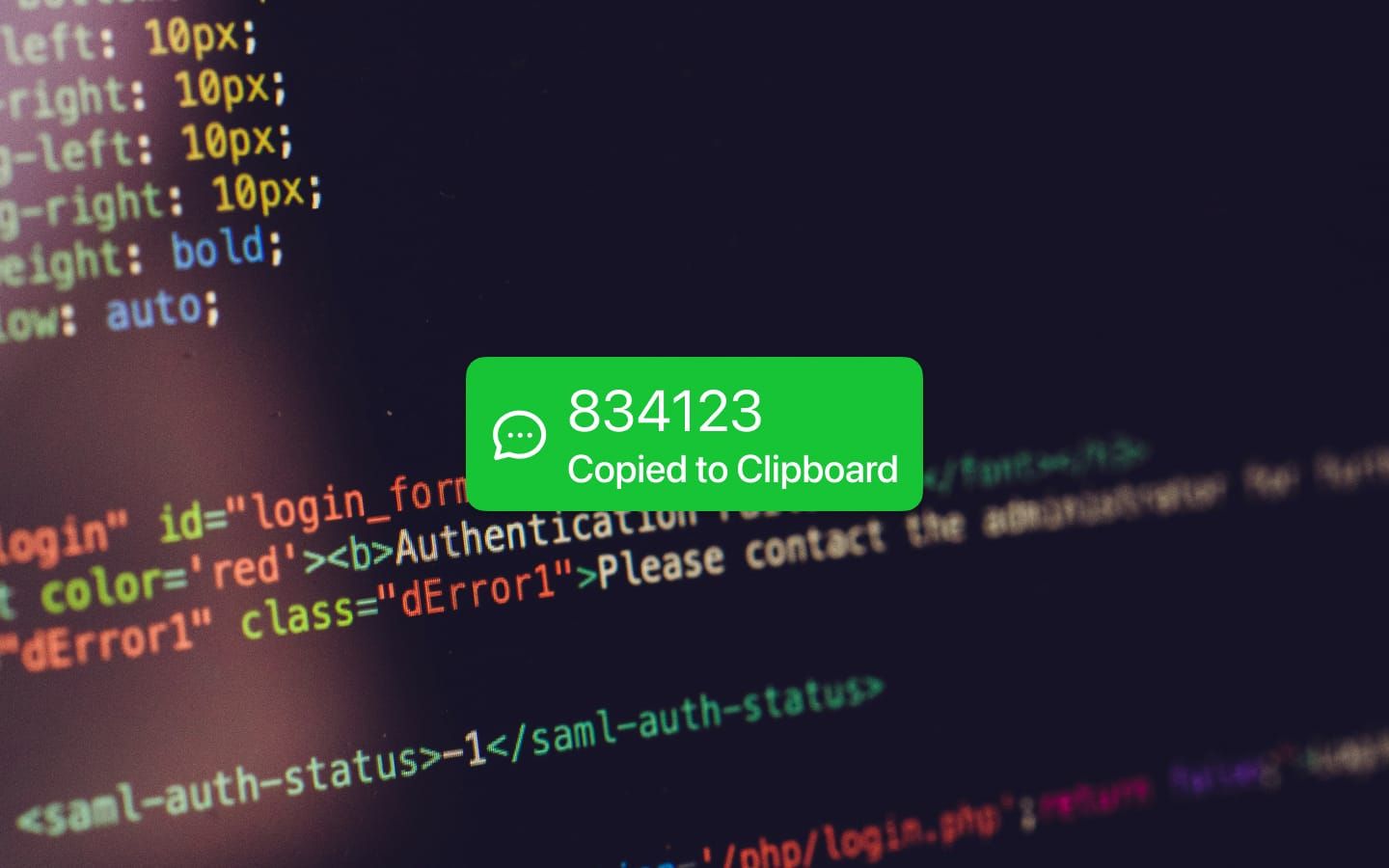 Green pop-up showing a 2FA code