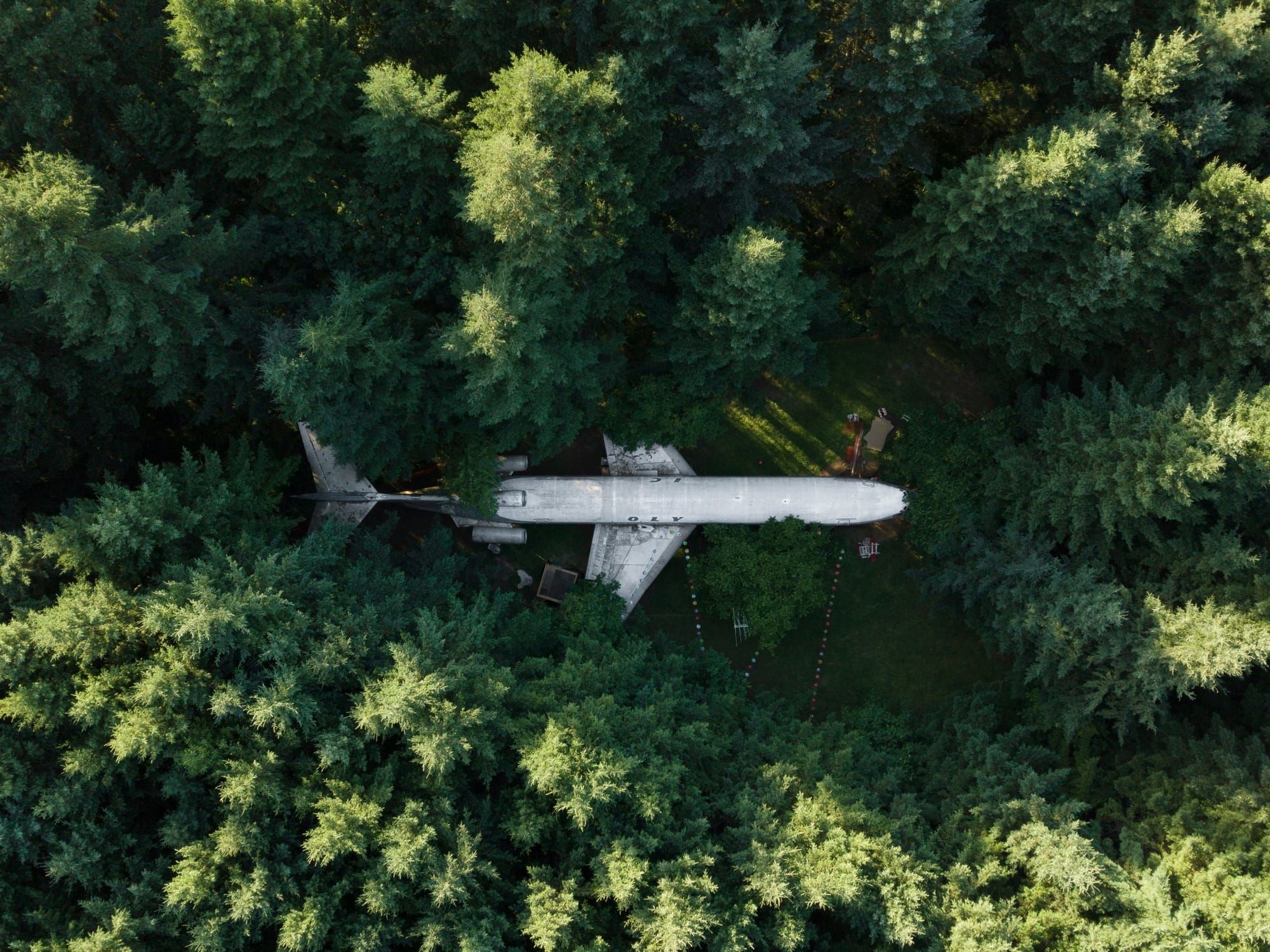 Aerial view of an abandoned airplane hidden in a dense forest clearing