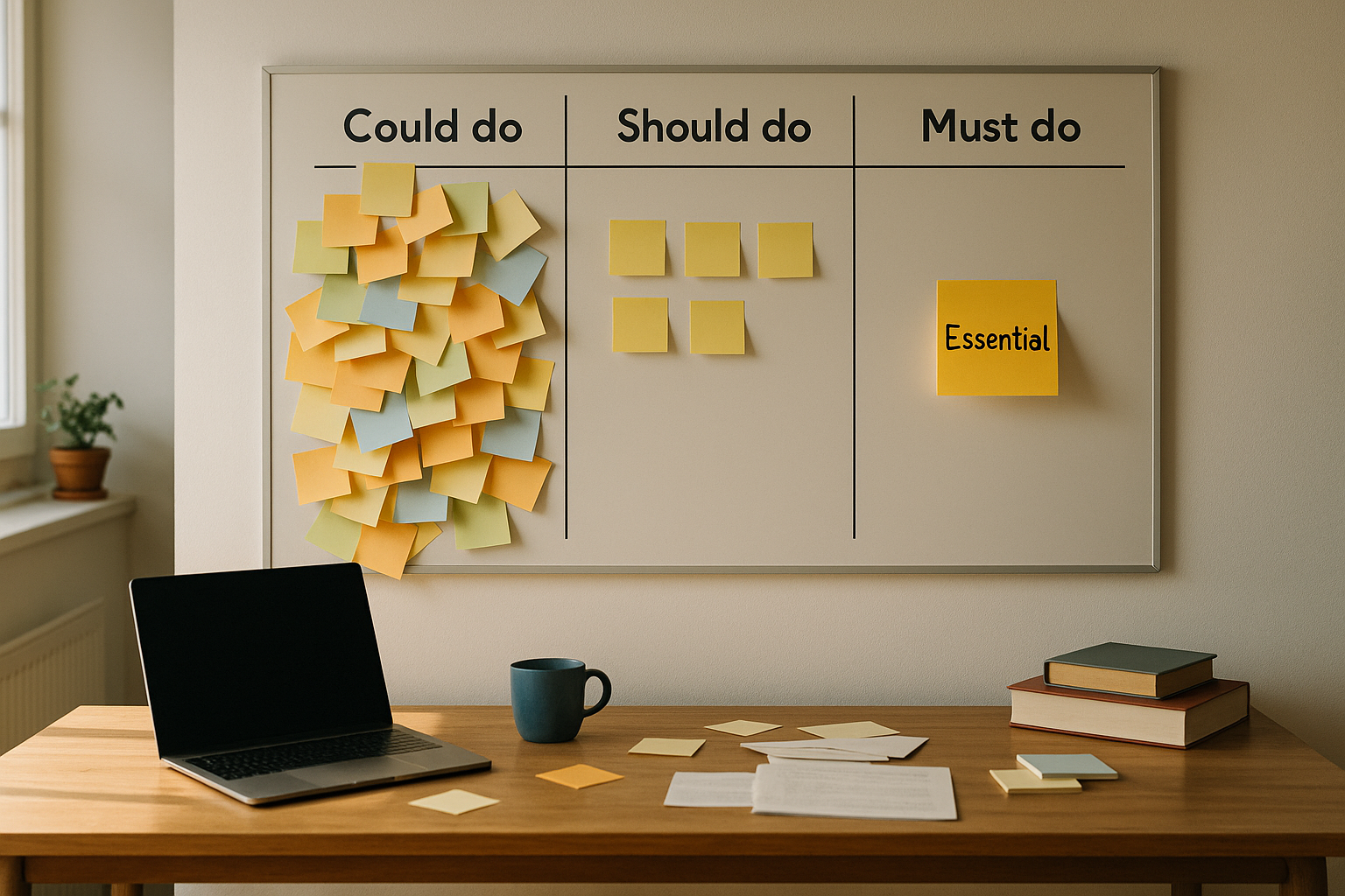Prioritization board with sticky notes divided into could do, should do, and must do tasks