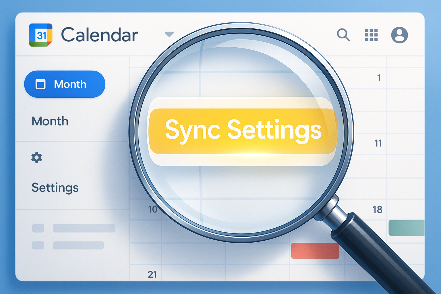 Illustration of Google Calendar interface with a magnifying glass highlighting a yellow "Sync Settings" button, symbolizing a hidden feature
