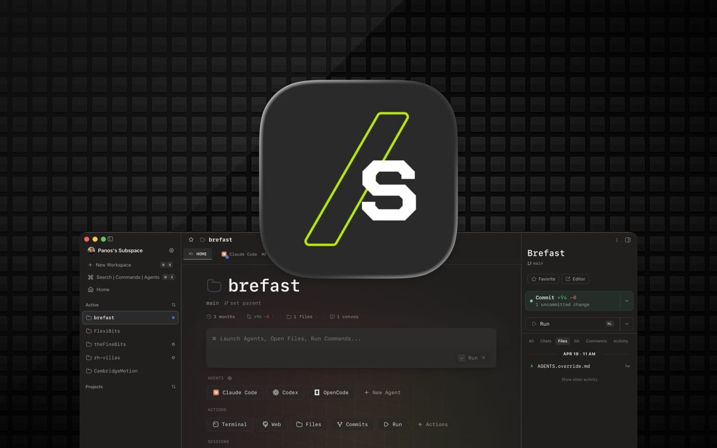 Subspace app icon with Brefast workspace preview in the background