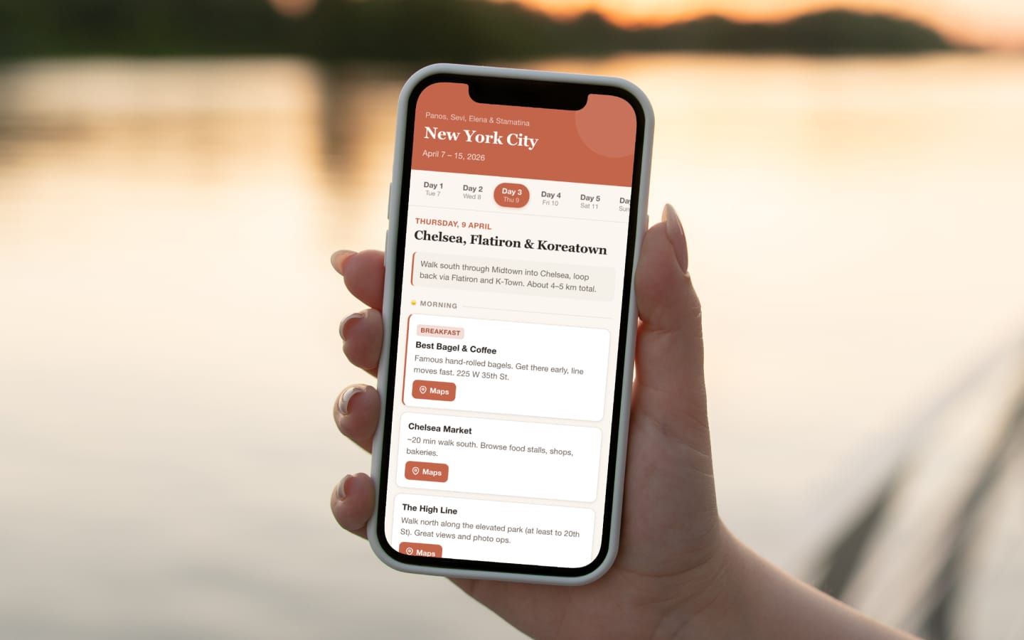 Hand holding a phone displaying an AI-generated New York City family itinerary