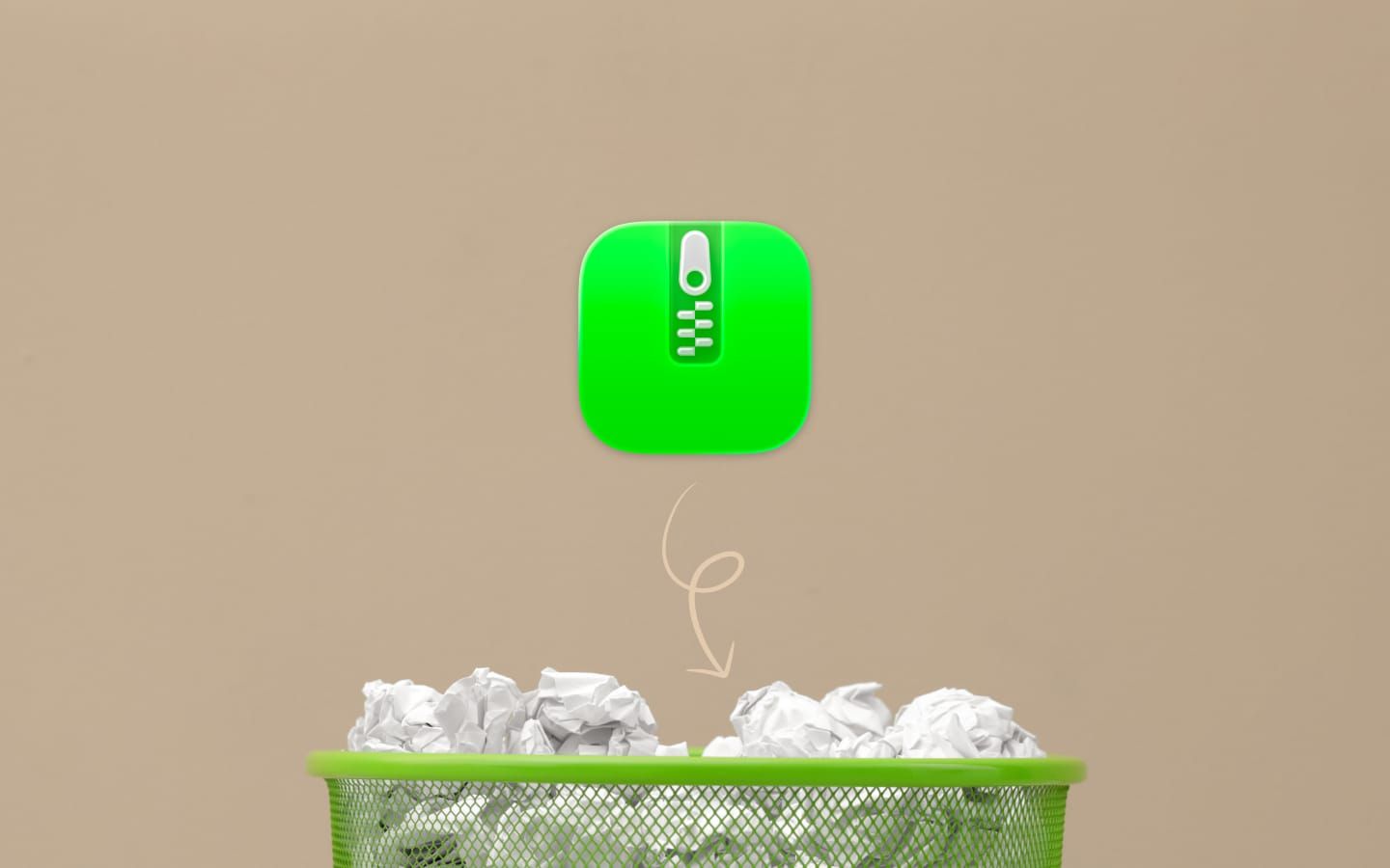 A green zip file icon with an arrow pointing down into an overflowing wastebasket
