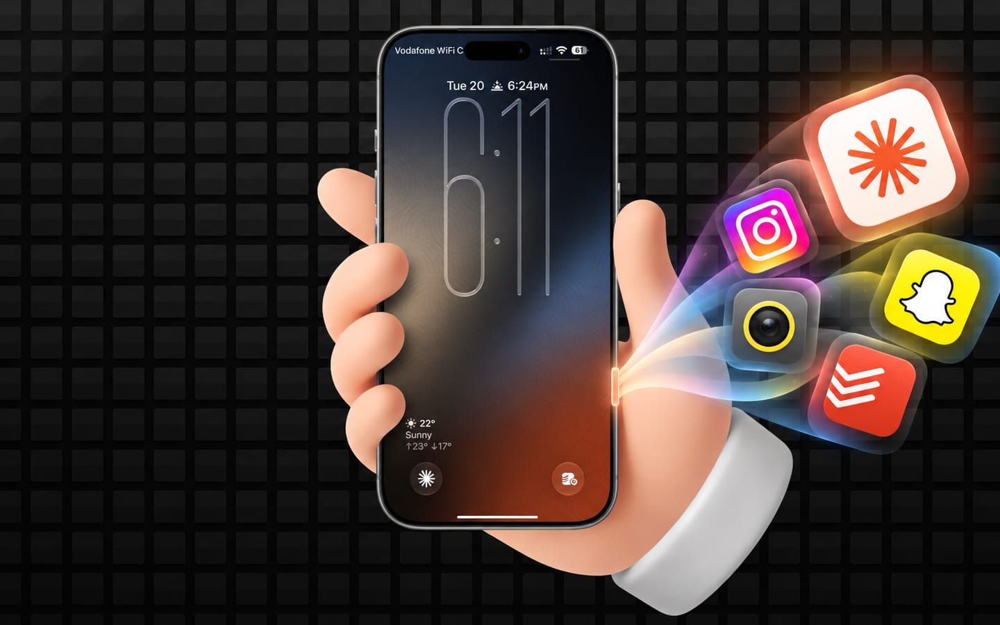Hand holding an iPhone with the Camera Control button glowing and launching app icons for Claude, Instagram, Snapchat, and Todoist