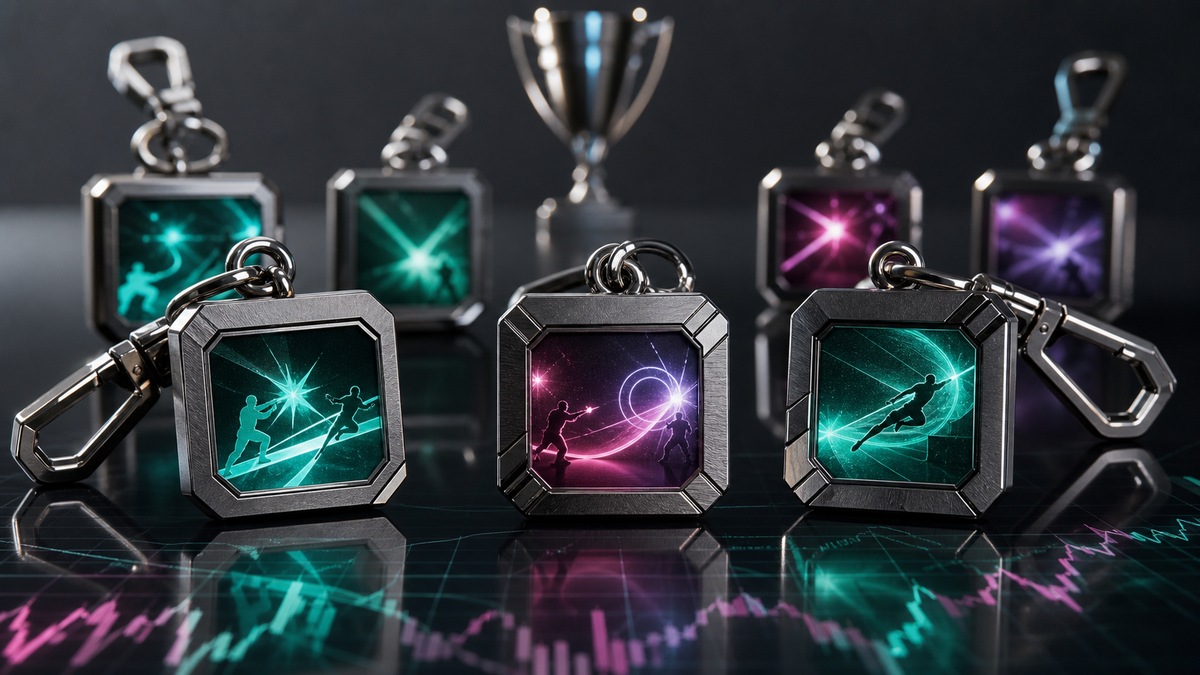 Metal esports highlight charms displayed above an abstract market chart