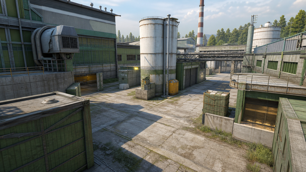 Green industrial tactical arena representing Cache in CS2