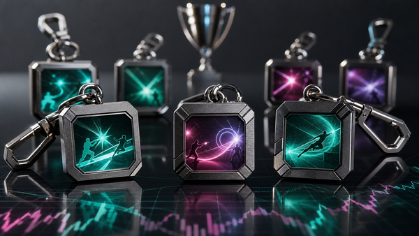 Metal esports highlight charms displayed above an abstract market chart