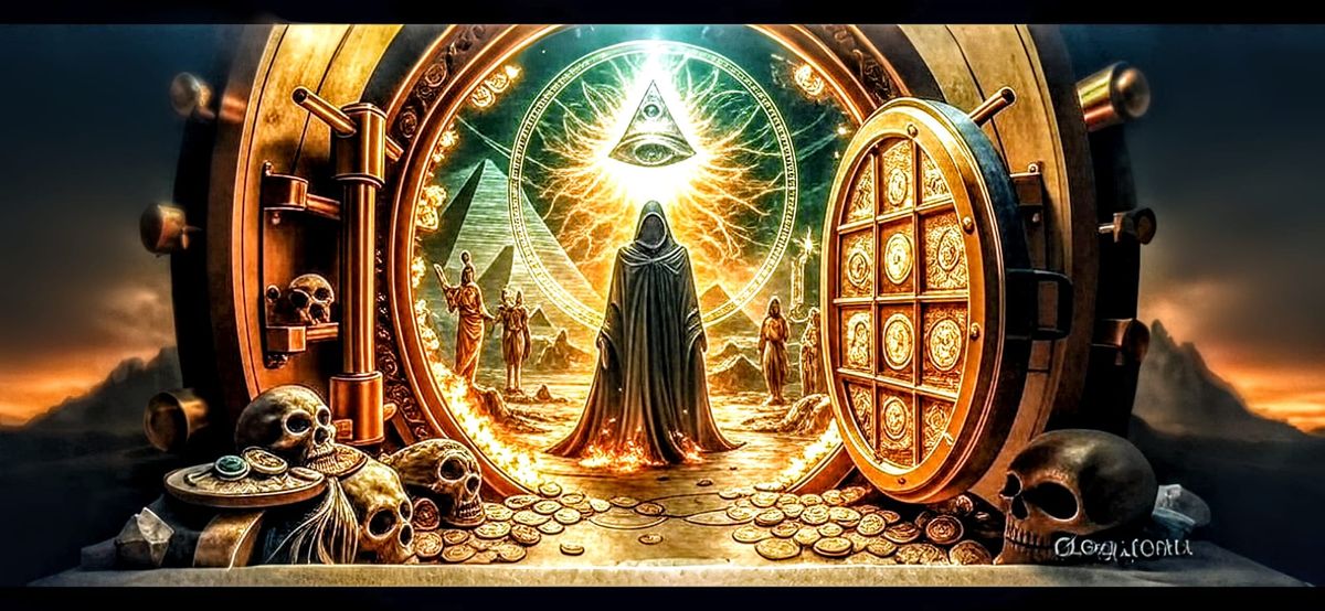 A golden vault opens to reveal a cloaked figure beneath the Eye of Providence, surrounded by ancient pyramids, skulls, coins, and Vatican-like symbols.