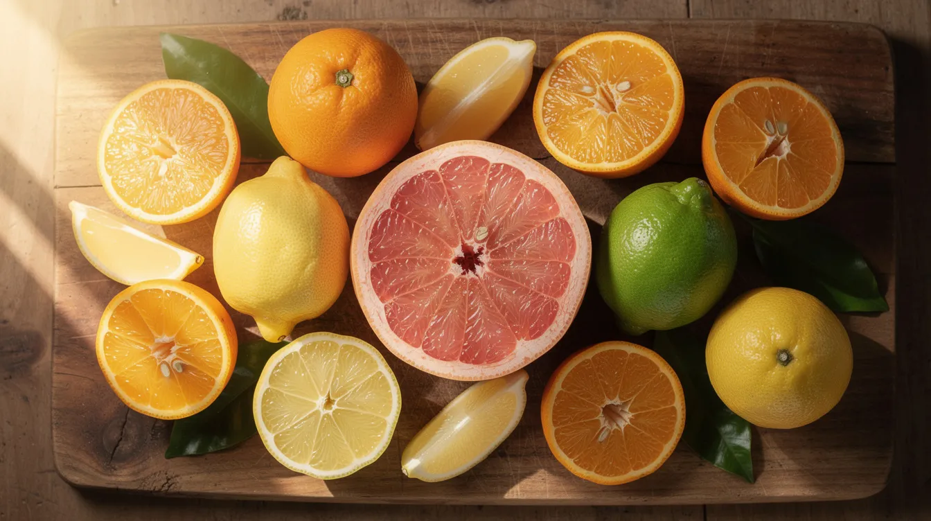 A wooden cutting board displays a vibrant arrangement of citrus fruits, including whole oranges, lemons, limes, and a halved grapefruit, perfect for juicing. This colorful selection is ideal for citrus lovers looking to extract fresh juice using a keerain electric juicer or other efficient citrus juicer machines.