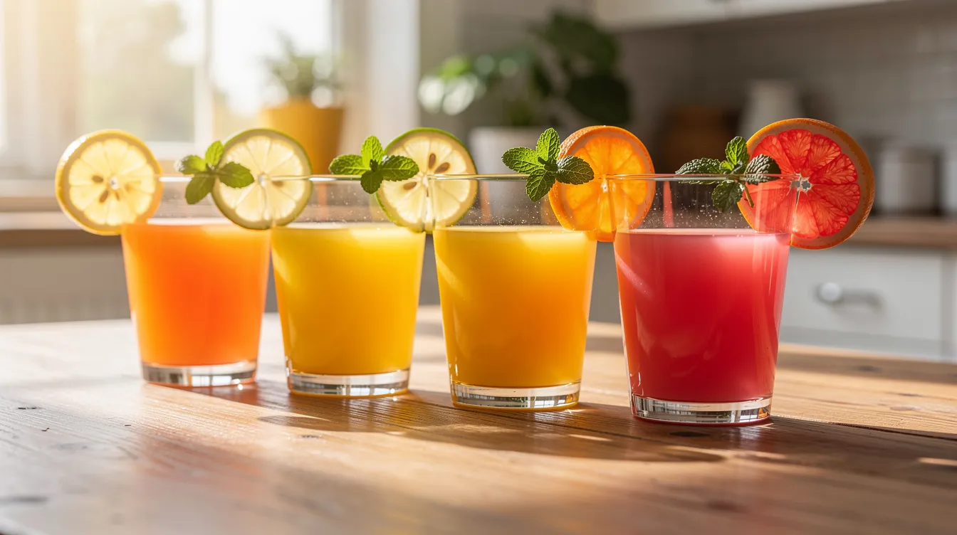 A sunny kitchen table displays several glasses of vibrant fresh citrus juice, including orange and grapefruit juice, each garnished with slices of citrus fruits and fresh mint leaves. This colorful arrangement embodies the joy of family fresh juice, perfect for citrus lovers seeking a refreshing drink.