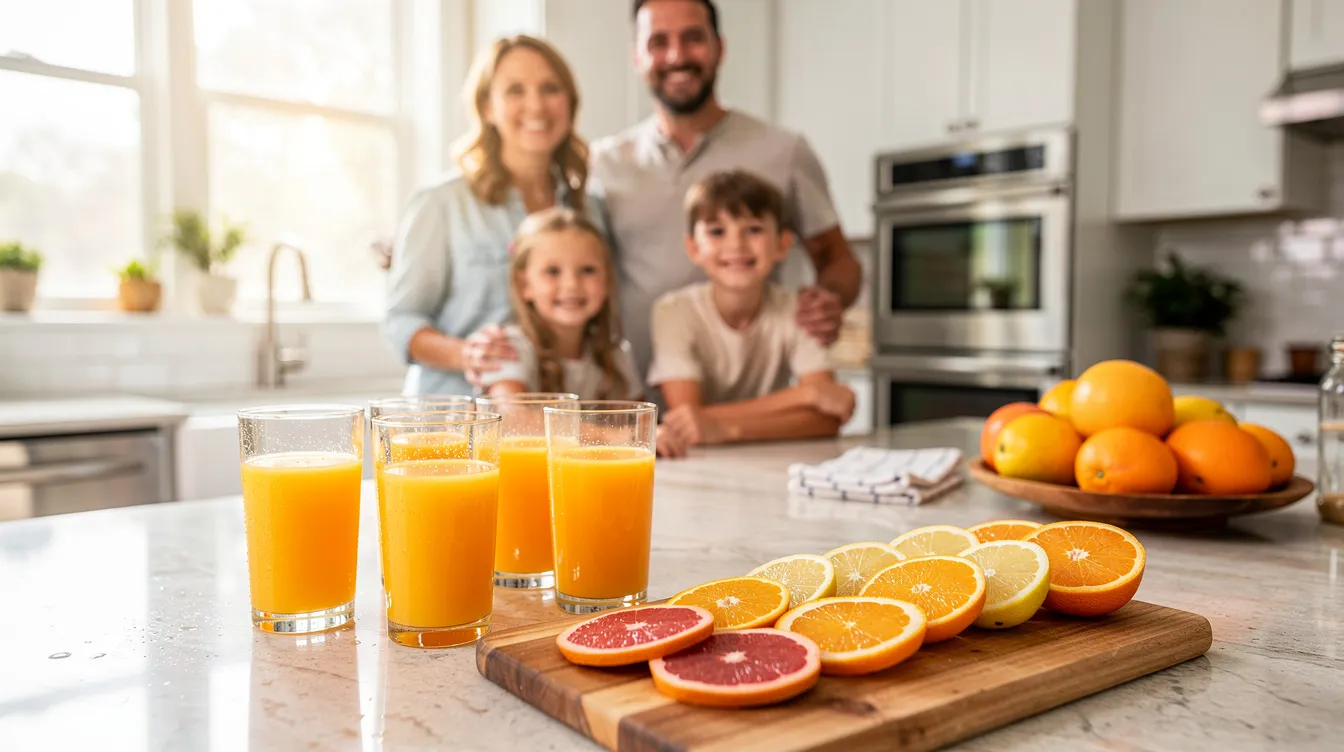 In a bright kitchen, a family gathers around a counter adorned with glasses of fresh orange juice, while sliced citrus fruits, including oranges and lemons, are placed nearby. The scene highlights the joy of juicing, possibly using a keerain electric orange juicer, as they enjoy the refreshing flavors of their homemade citrus juice together.