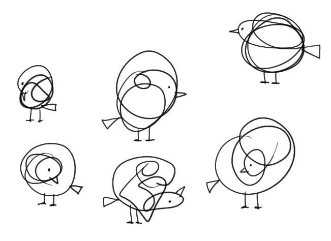 By drawing a beak, feet and eyes, a squiggle becomes a bird