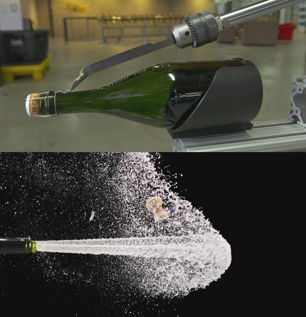 Nathan Myhrvold built a robot to capture this image of a champagne cork. (source: CBS)