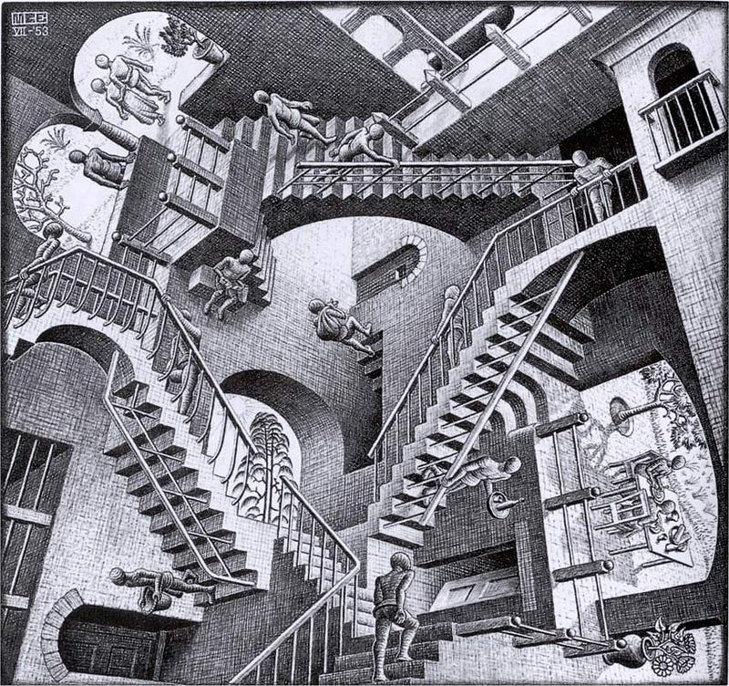 And as a matter of fact, Escher’s staircase is precisely the vantage point of the UX foxhog or design CEO, where the idyllic scene can be seen in three different ways at the same time. The view is mesmerising, yet daunting to achieve. (image source: Escher)