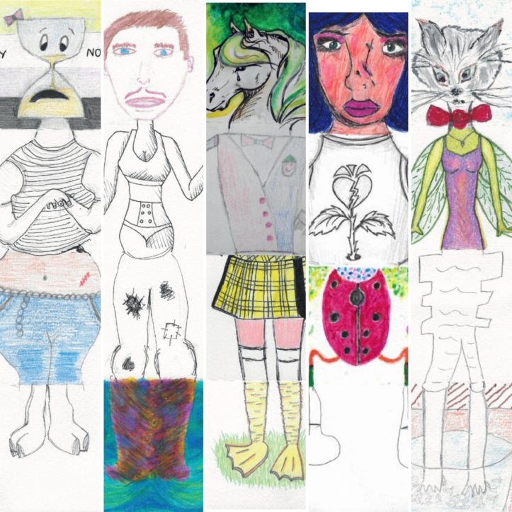 By partitioning a board into panels, a mishmash character is formed by passing the drawings around