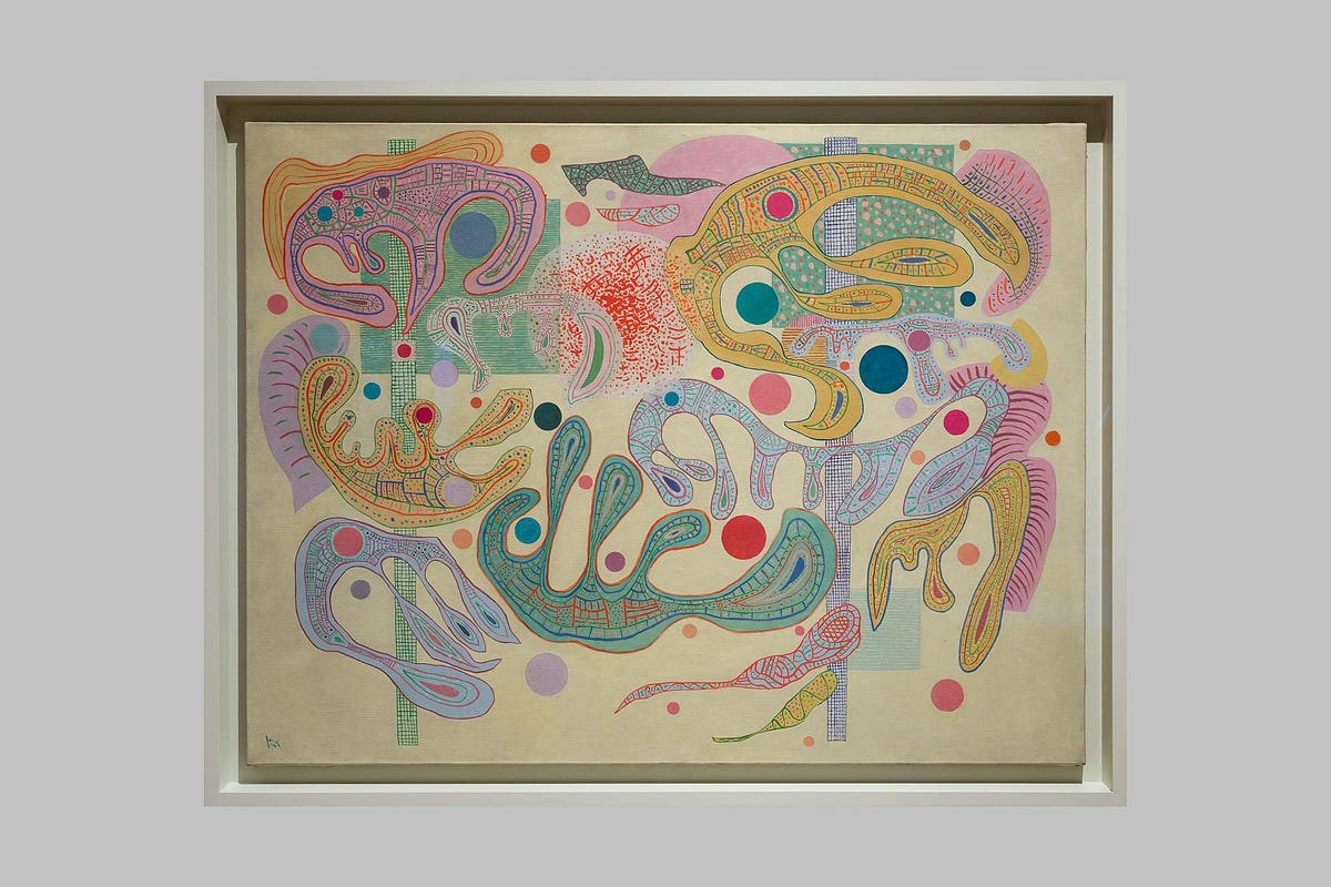 The formula “N+1”, proposes that the artist attempts to transcend from one given dimension to the next, including the “cosmic arts”, which represented other pioneering scientific discoveries in the fields of mathematics, molecular sciences, and quantum physics. Capricious Forms (1937) by Wassily Kandinsky (image source: Amherst)