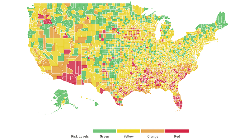 Traffic light colours can be used to call out heightened awareness of danger and attention. The above example is obtained from Harvard Global Health Institue and Microsoft AI, displaying an interactive map and dashboard to visualize the different levels of coronavirus outbreak in different regions. (source: NPR)