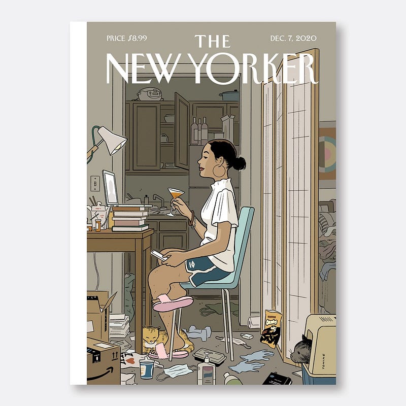 The picture shows an illustration from the New Yorker Magazine of a millennial worker looking happy in front of her laptop, but with the background of a huge mess in her apartment. Behind the pleasantry lies the chao of personal lives, which is likely to ripple well past the pandemic period. (Source: Adrian Tomine; The New Yorker)