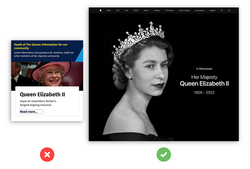 [Weak] Too much information resulting in a lack of focus; [Strong] Apple keeps their tribute simple with a striking image and just enough information. The same format applied across other iconic figures, including Steve Jobs