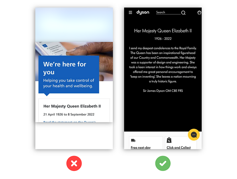 [Weak] Be careful of how micro-copies are written. In the example, it looked like an inappropriate remark of health and wellbeing, captured as a speech bubble; [Strong] Dyson delivered a personal message from their founder that is concise and relevant