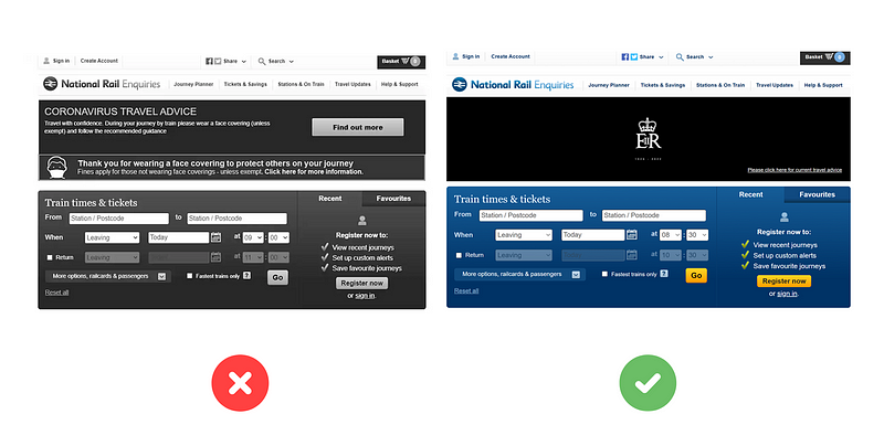 [Weak] National Rail suffered public backlash after the death of Prince Philip in 2021, reporting visually impaired users having greater difficulty in booking their tickets due to applying grayscale throughout their site. [Strong] National Rail kept most of its core functionality looking the same, with the addition of customised masthead for Queen Elizabeth