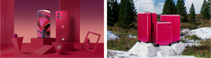 Looking back at 2023, other than Motorola and Away luggages, not many companies have left a lasting usage of Viva Magenta (image source: Motorola, Away)
