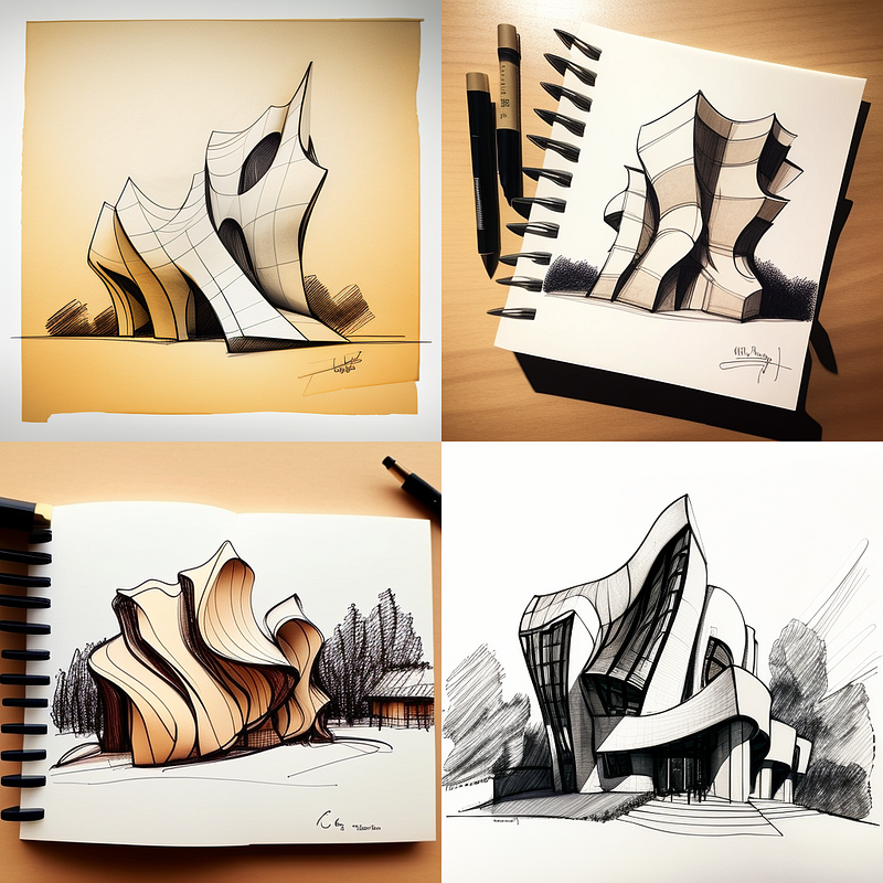 Prompting midjourney to come out with Gehry inspired sketches. Have we lost the original sketch curve?
