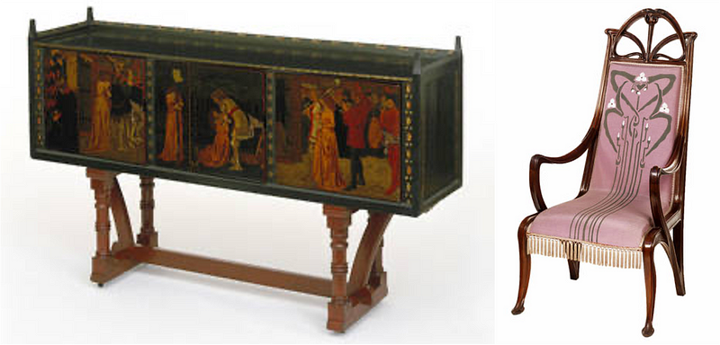 From left to right: furniture from Art and Craft Movement (source: V&A); furniture from Art Nouveau (source: V&A)