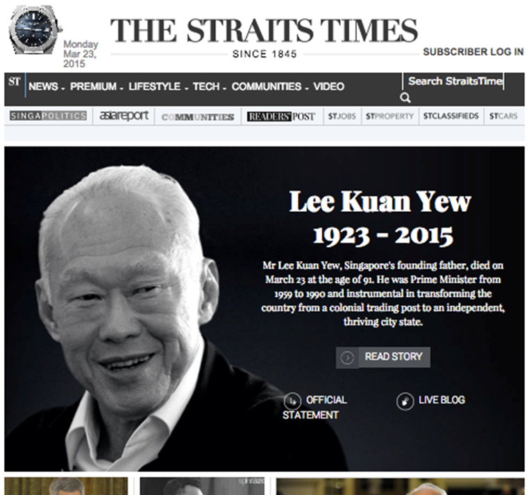 A digital tribute to Mr Lee Kuan Yew in 2015 by The Straits Times [source: mumbrella asia]
