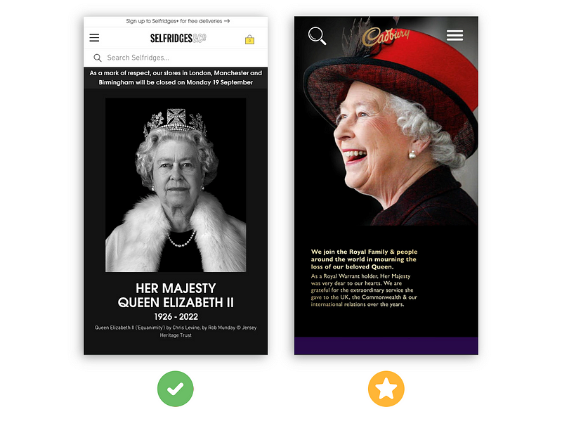 [Strong] Selfridges use of strong mono-chromatic contrast; [Excellent] Cadbury managed to pull off a balanced blend of dark shades and complementary accent colours to give a solemn prestige feel to the tribute