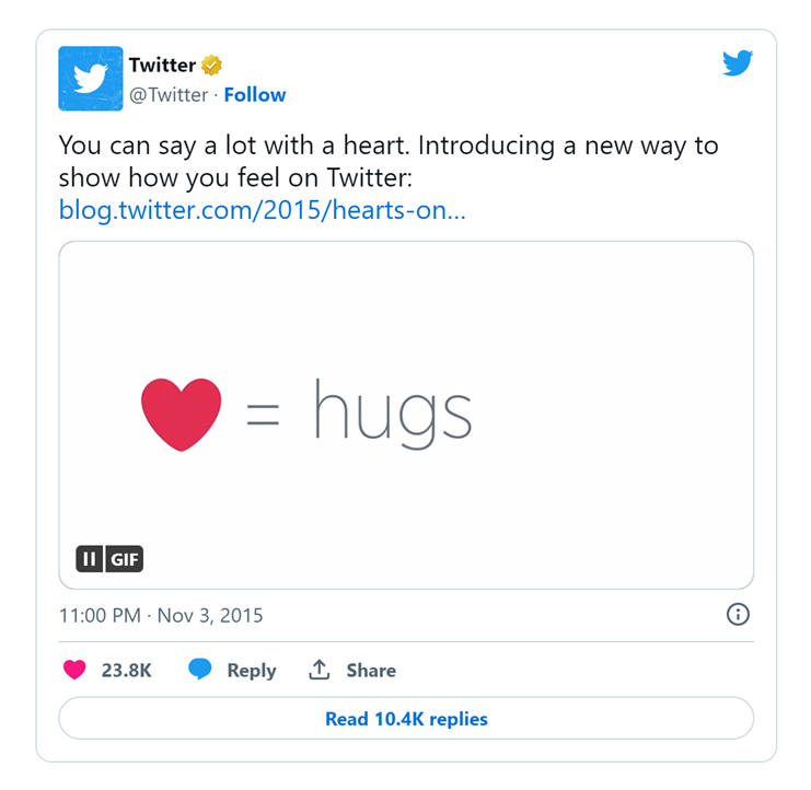 According to Twitter, the heart is a universal symbol that resonates across languages, cultures, and time zones. The heart is more expressive, enabling you to convey a range of emotions and easily connect with people. (source: Twitter)