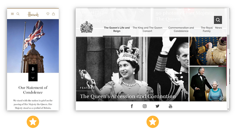 [Excellent] Harrods chose to use the half-drawn flag with parts of the Harrods building as the background; [Excellent] The Royal Family sets up a digital memorial with interactive widgets from Instagram, Youtube and various features