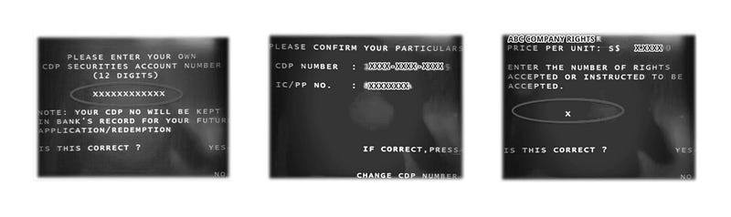 The conventional experience of a user going through the flow on an ATM screen. These images were obtained from a blog on how to apply for rights issues during Singapore’s Circuit Breaker in 2020