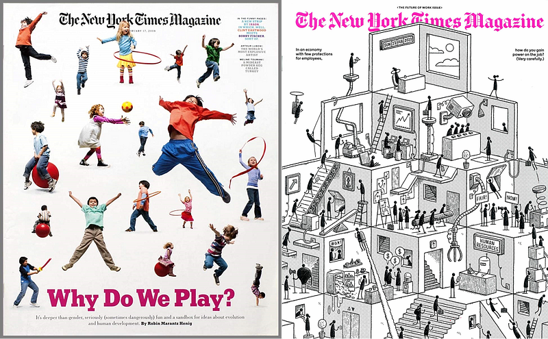 Play and work doesn’t seem to co-exist. Just as Stuart Brown pointed out the children’s photo of play in 2008, the future of work cover in 2020 doesn’t show any association of play, even when it is done in a satirical manner