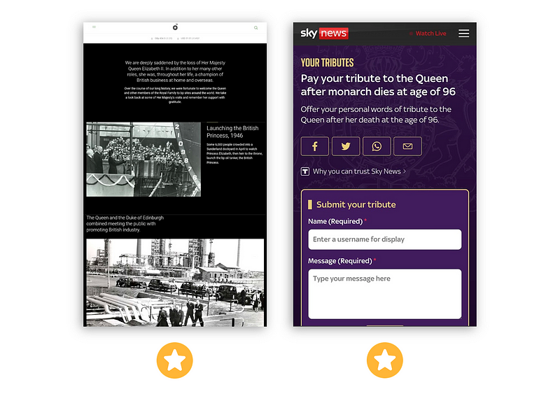 [Excellent] British Petroleum (BP) created a dedicated page showing the historical events that took place between the company and the Queen; [Excellent] Sky News created an online form to collect personal messages from their viewers