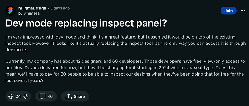 Have we forgotten the original creed of accessibility for all? Notice the concerns that Figma is already creating among the design community on Reddit. (source: Reddit)