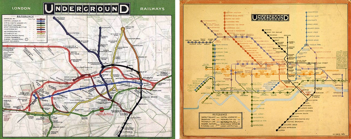From left to right: the preceding map; London’s Underground subway system created by Harry Beck (image source: ltmuseum)