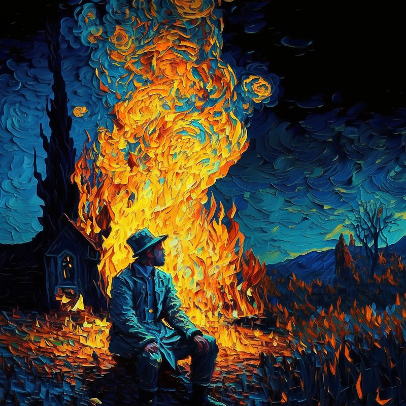 Amor Fati, or love of fate, treats losses like “fuel” for a burning fire — a fire that symbolizes a power or energy felt by a person. (source: midjourney)