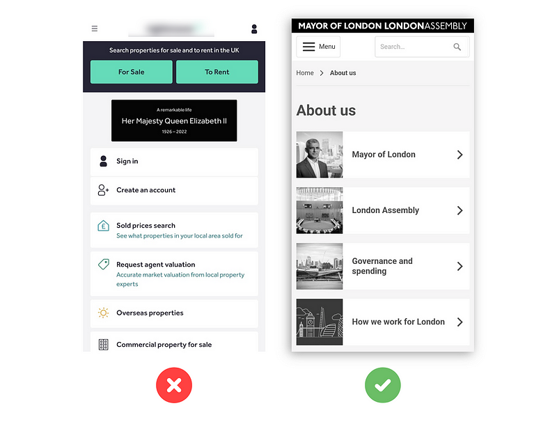 [Weak] Website displays a single static banner with no further context, interrupting the flow of the surrounding elements; [Strong] london.gov.uk blacked-out the entire site, except for key functions, such as media images