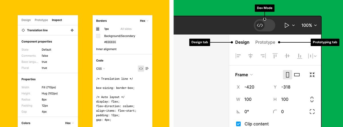 Left: Inspect Panel before Config23 was free for developer to access as a viewer. Right: Only when you activated dev mode could you access to inspect along with other developer features. This is a signal to teams that unless you are ready to pay, you will have limited collaboration with your developers because the inspect panel is now embedded within the Dev Mode. (Source: Figma)