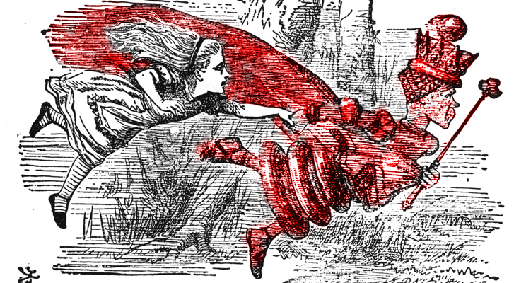 The Red Queen Effect is about the probability of extinction lying in the environment that caused a species to constantly adapt, evolve and proliferate, not the age of the species’s lifespan. (image source: Lewis Carroll)