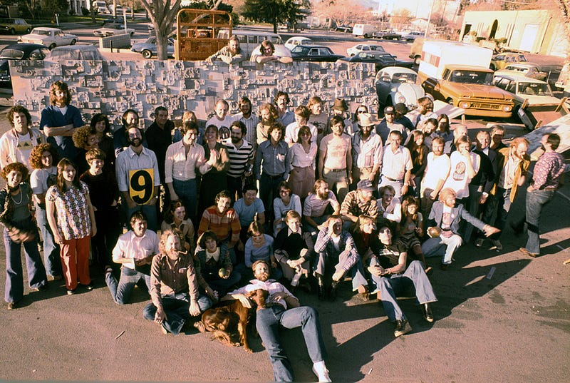 The entire Industrial Light & Magic team in 1977 with parts of the Death Star in the background