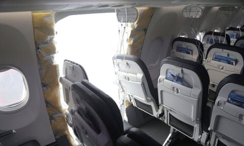 A missing panel on the Boeing 737–9 Max airplane in Portland, Oregon, on 7 January 2024. (image source: AP)