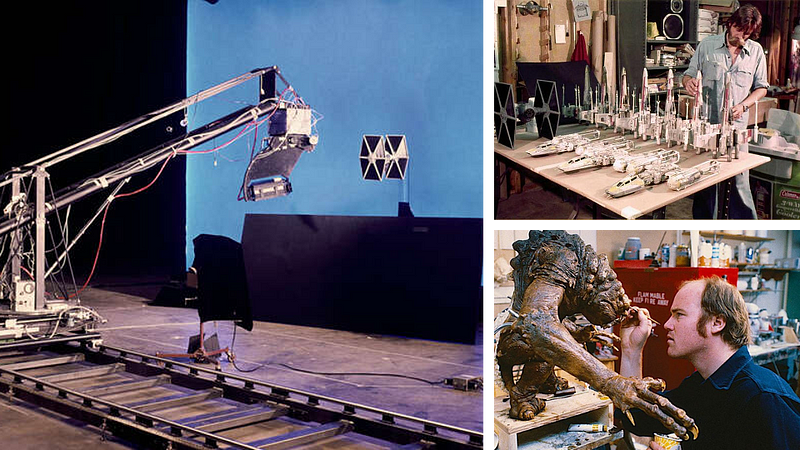 Clockwise from top right: X-wing model going through kit-bashing by using various parts from model kits; creature development with hyper-realistic detailing; motion control camera systems to capture movements