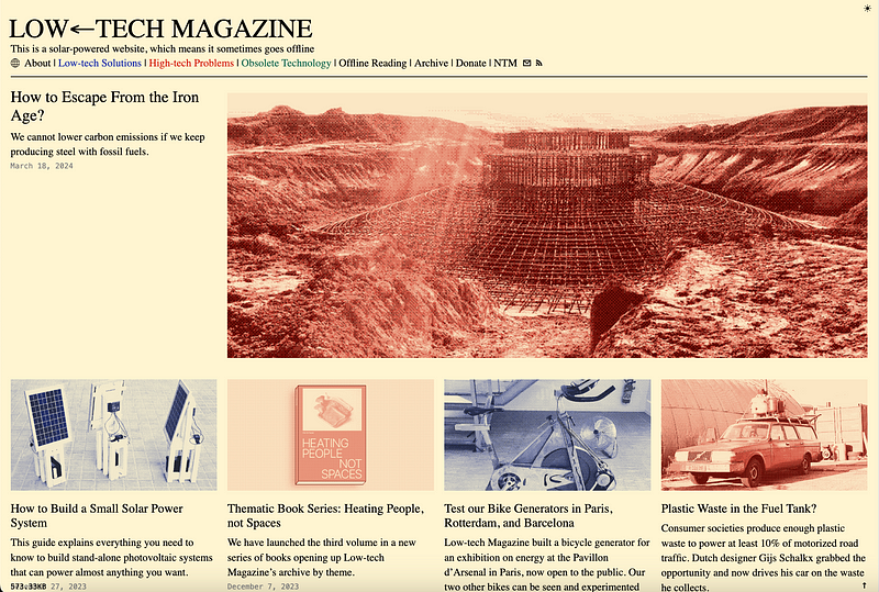 Low-carbon Web Aesthetics make use of muted colours and low-fidelity images so as to conserve energy from solar power. (image source: Low Tech Magazine)