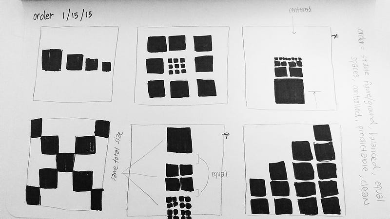 A sample of the square exercise, which teaches about the Gestalt Principle, an important visual concept of hierachy used in modern computing applications (image source: angelamuliu)